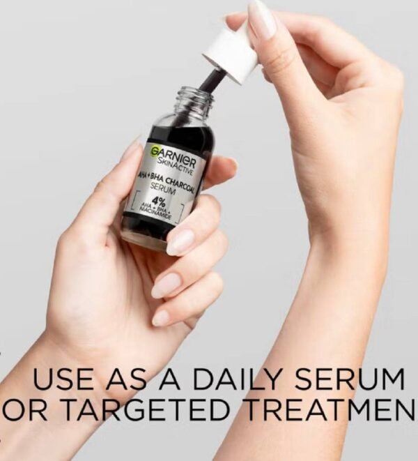 Garnier AHA + BHA Charcoal Serum 4%
سيروم قوي ينظّف البشرة بعمق ويخلّيها صافية وناعمة 
مخصص للحبوب، المسام الواسعة، وآثارها