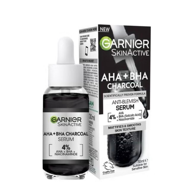 Garnier AHA + BHA Charcoal Serum 4%
سيروم قوي ينظّف البشرة بعمق ويخلّيها صافية وناعمة 
مخصص للحبوب، المسام الواسعة، وآثارها