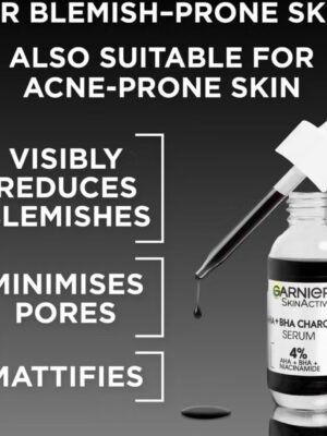 Garnier AHA + BHA Charcoal Serum 4%
سيروم قوي ينظّف البشرة بعمق ويخلّيها صافية وناعمة 
مخصص للحبوب، المسام الواسعة، وآثارها