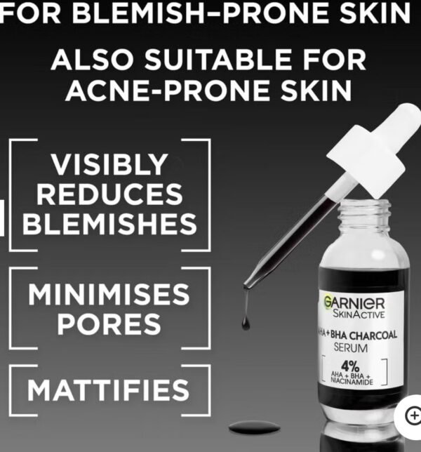Garnier AHA + BHA Charcoal Serum 4%
سيروم قوي ينظّف البشرة بعمق ويخلّيها صافية وناعمة 
مخصص للحبوب، المسام الواسعة، وآثارها