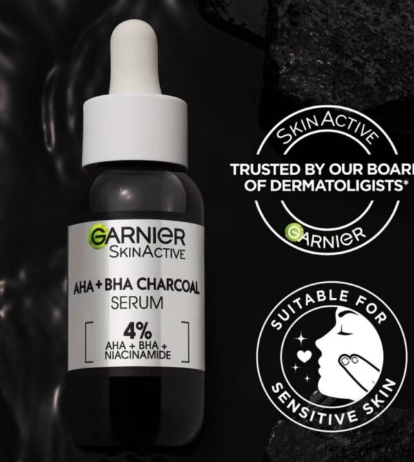 Garnier AHA + BHA Charcoal Serum 4%
سيروم قوي ينظّف البشرة بعمق ويخلّيها صافية وناعمة 
مخصص للحبوب، المسام الواسعة، وآثارها