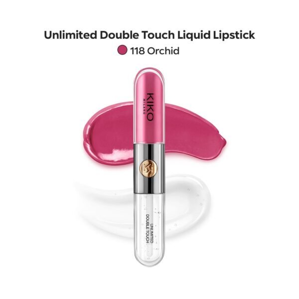 أحمر الشفاه السائل المزدوج المعروض هو من نوع KIKO Unlimited Double Touch، واللون الذي يشير إليه رقم 118 هو لون الأوركيد (Orchid). يُوصف هذا اللون بأنه وردي فوشيا بارد وجميل. 
